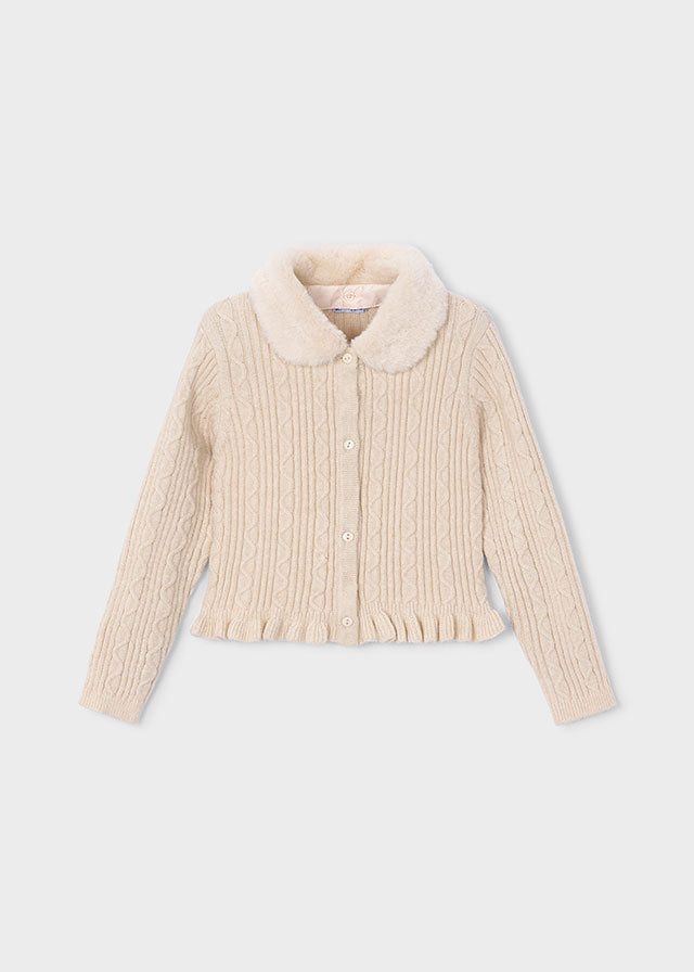Mayoral 4324 Cream Faux Fur Collar Cardigan AW26 PREORDER