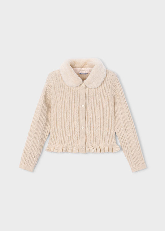 Mayoral 4324 Cream Faux Fur Collar Cardigan AW26 PREORDER