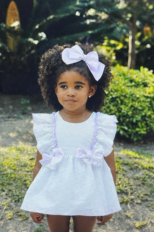 Babine Girls White Pique & lilac Trim Dress SS26