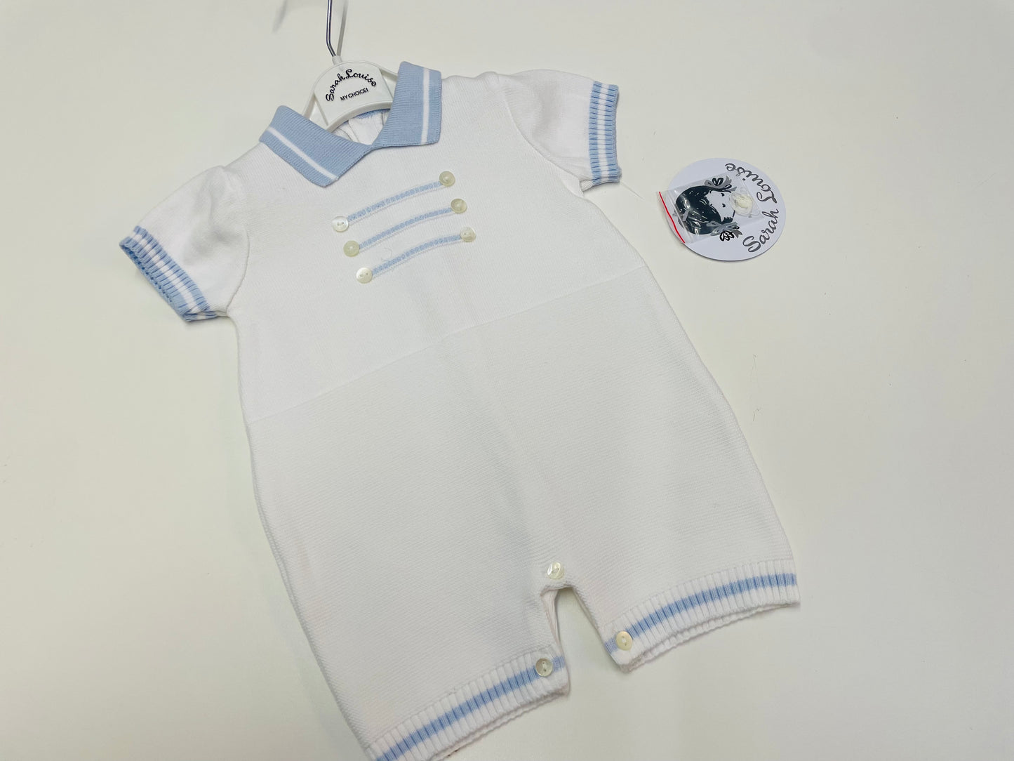 Sarah Louise 008245 white/blue knit romper