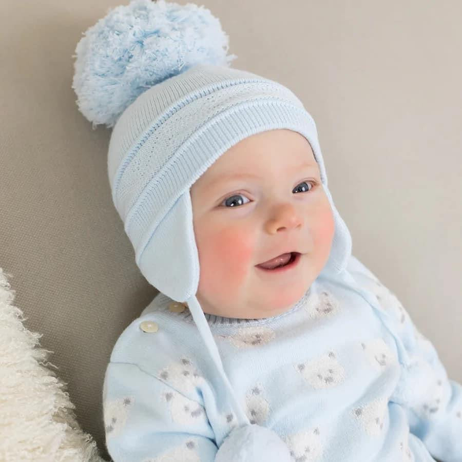 Emile et rose Griffin Blue Baby Bobble Hat with Ear Flaps