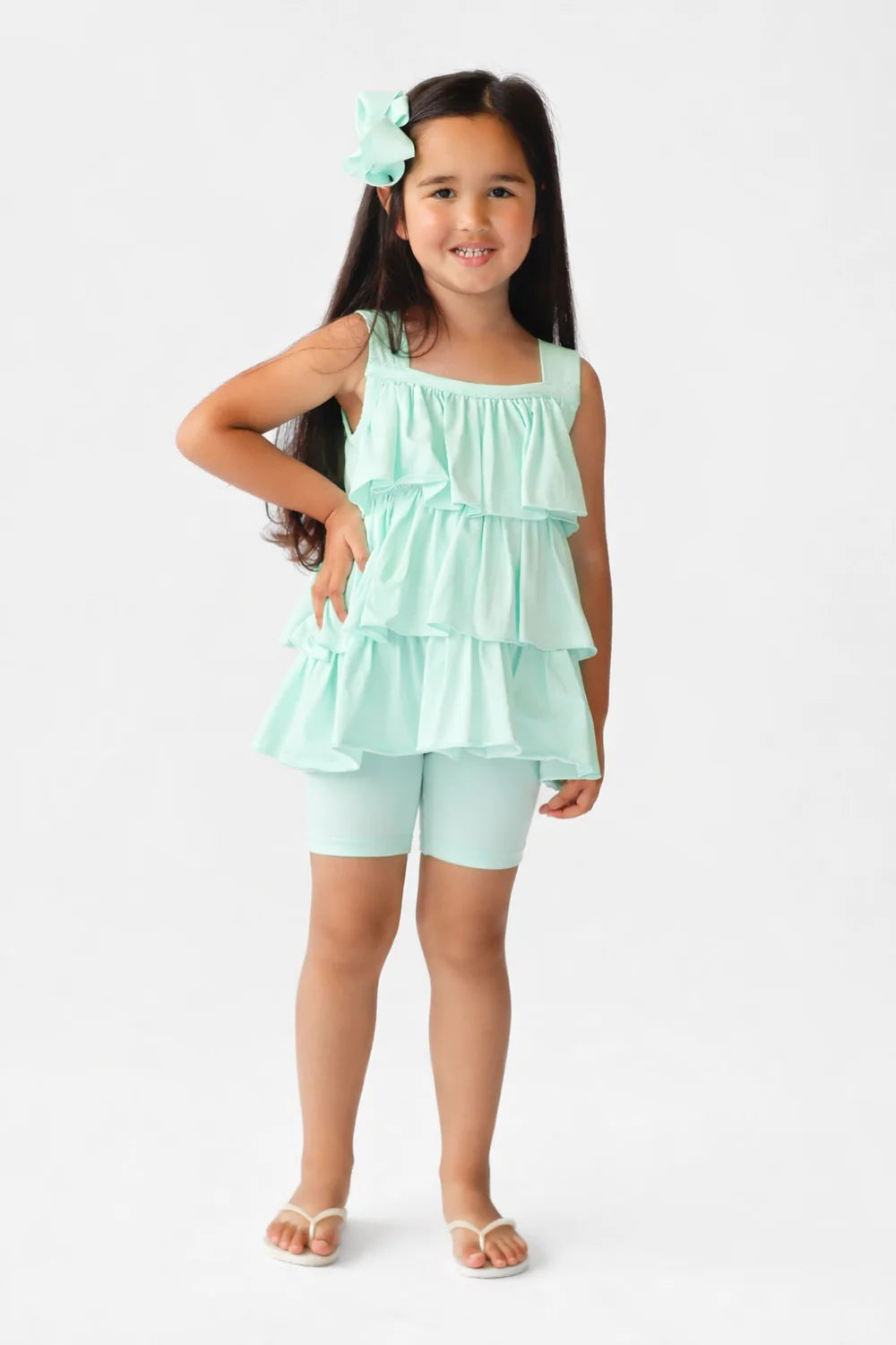 Hk Eva Girls Frilly Ruffle 3 Piece Top Shorts & Leggings Set Mint SS26 PREORDER