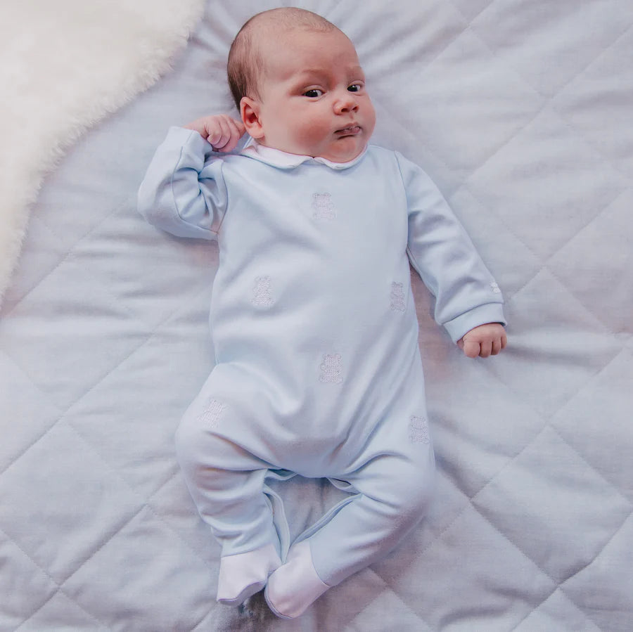 Emile Et rose 2642 Lionel Boys Blue Babygrow With Teddy Embroidery & Hat