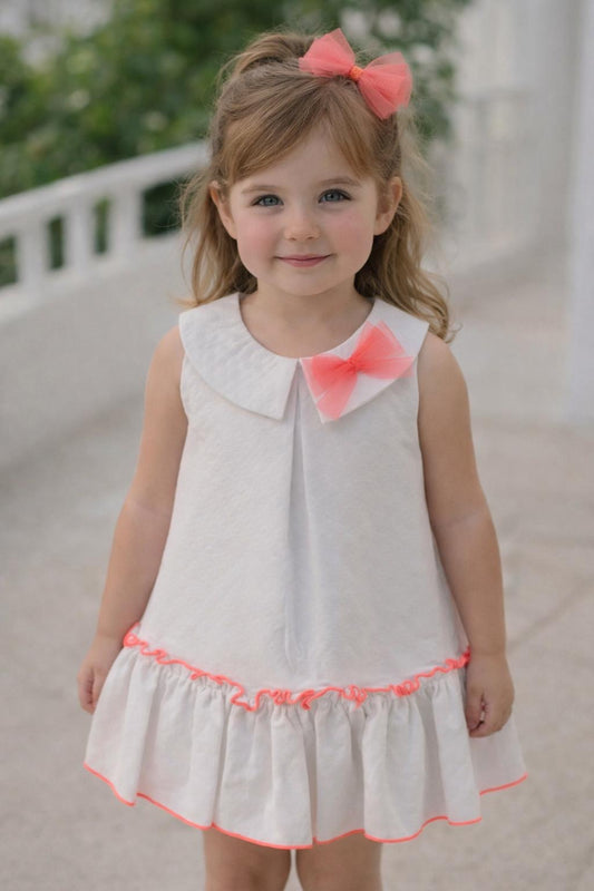 Babine Girls White Pique / orange Trim Dress SS26