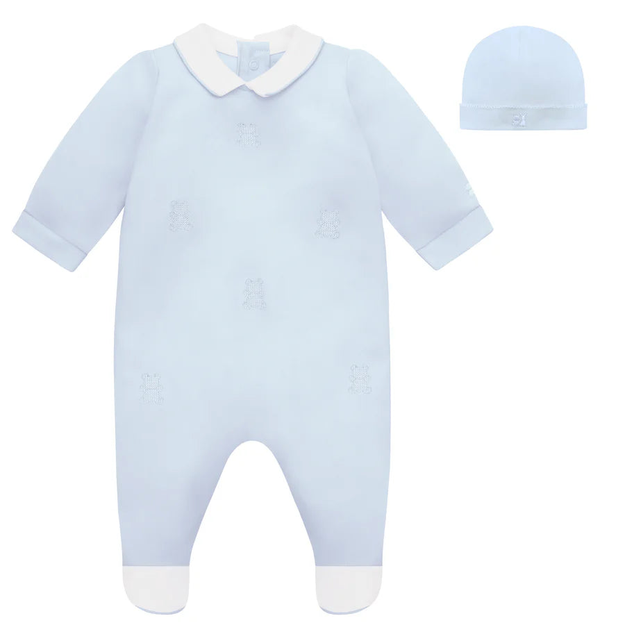 Emile Et rose 2642 Lionel Boys Blue Babygrow With Teddy Embroidery & Hat