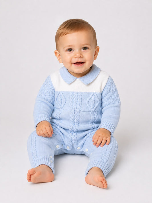 Sarah Louise 008275 Blue/white knit romper AW26
