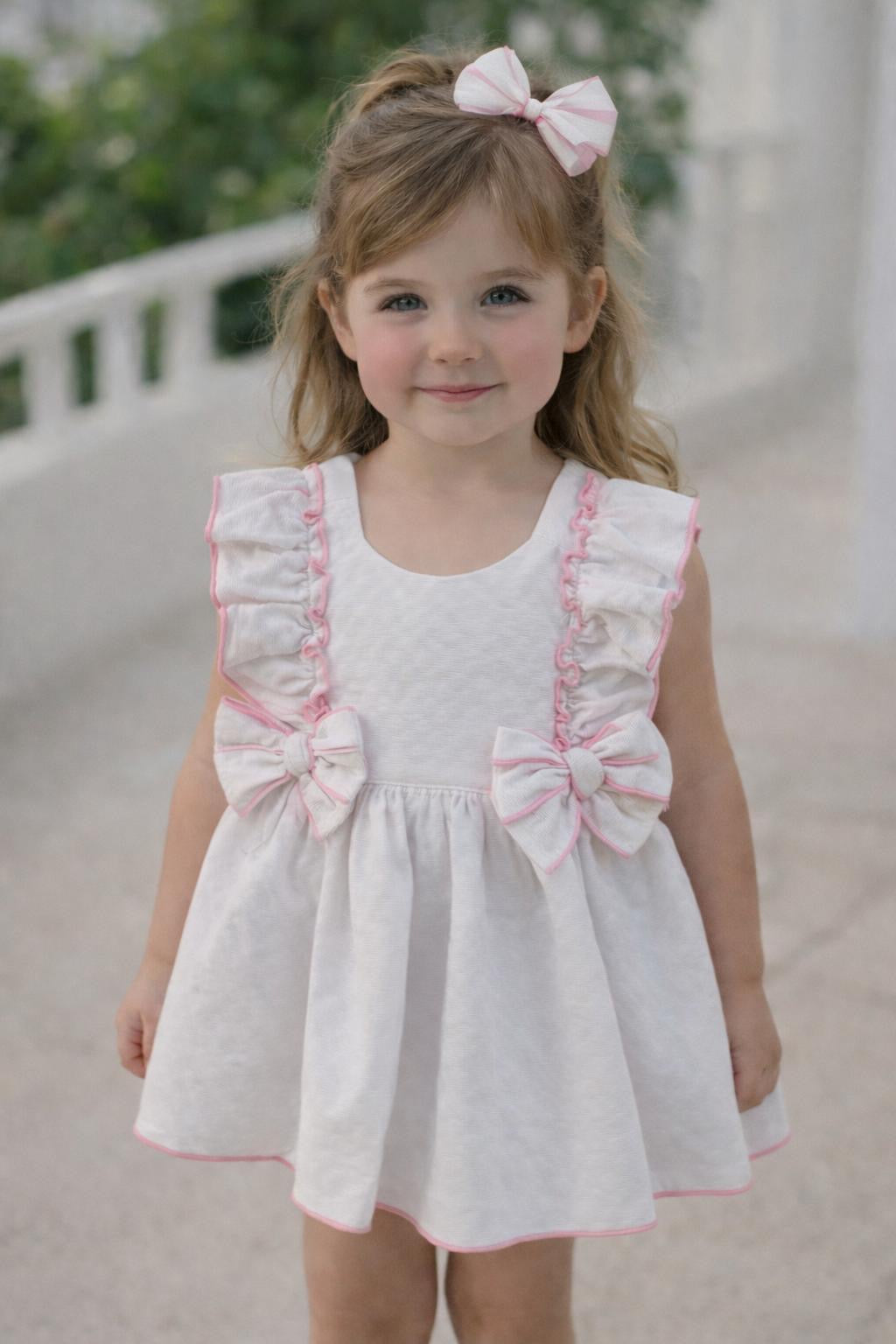 Babine Girls White Pique & Pink Trim Dress SS26