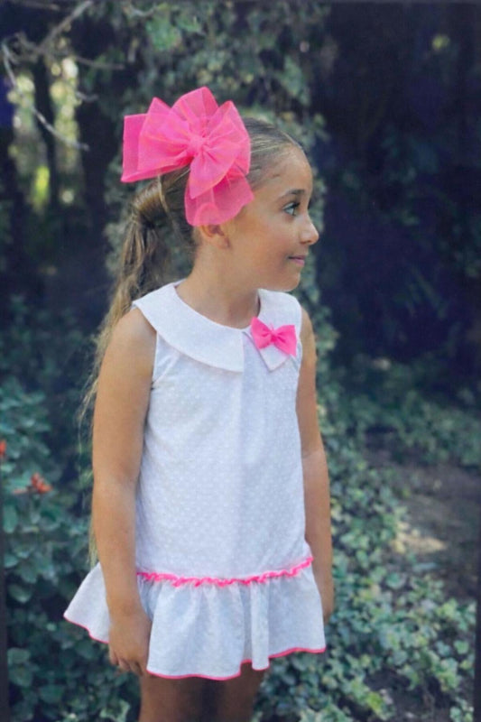 Babine Girls White Pique / pink bright Trim Dress SS26