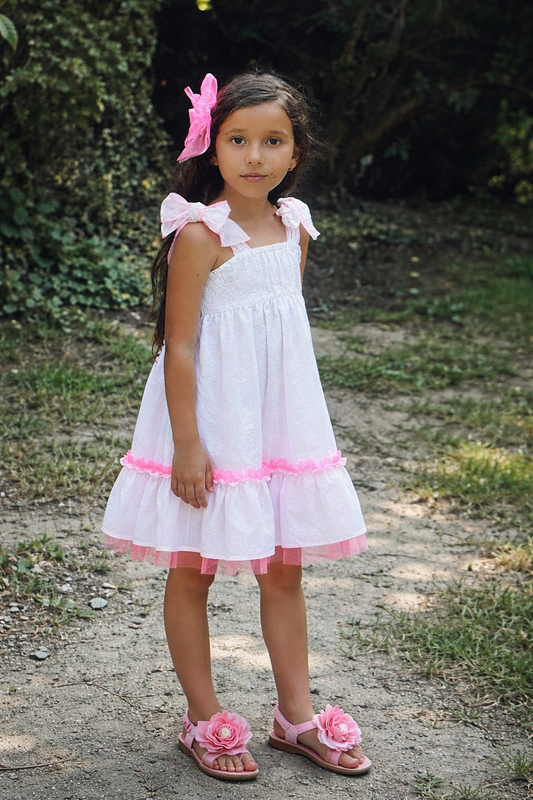 Babine Girls White Pique / bright pink Trim Dress