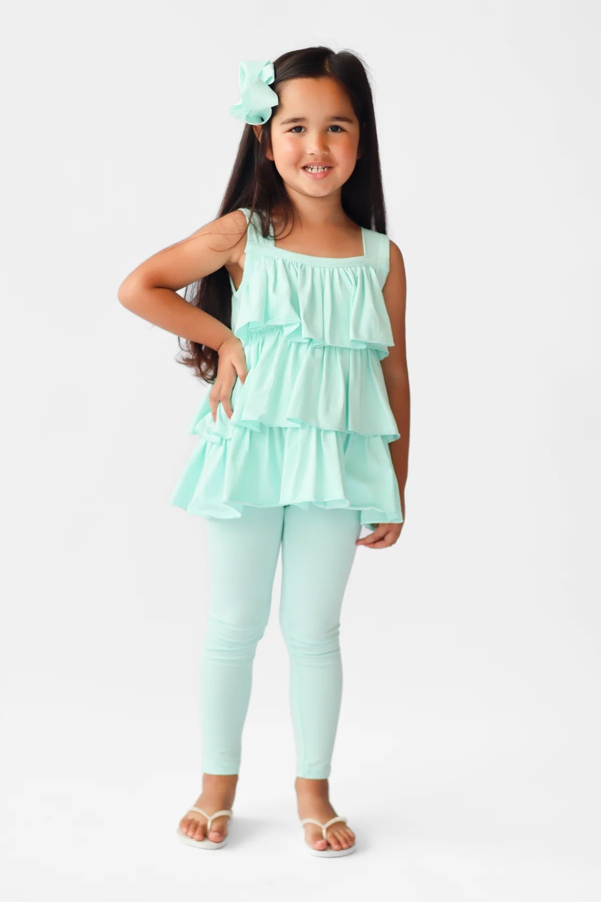 Hk Eva Girls Frilly Ruffle 3 Piece Top Shorts & Leggings Set Mint SS26 PREORDER